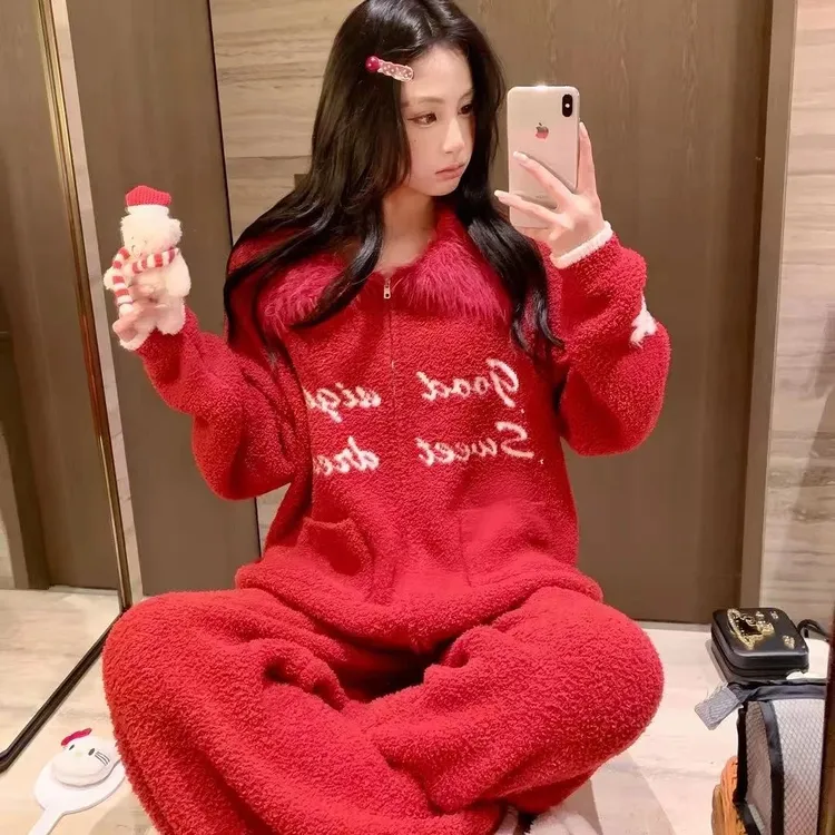 秋冬季圣诞新年红色半边绒睡衣女套装韩版时尚甜美加绒宽松家居服