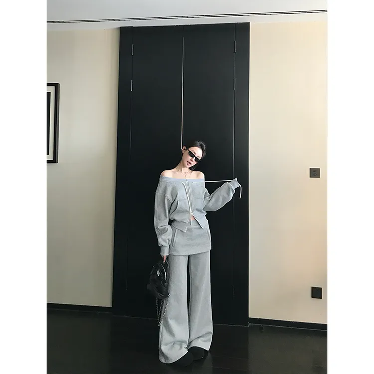 【重塑高街】2025春季美式设计感拉链开衫短款卫衣假两件高腰休闲裤