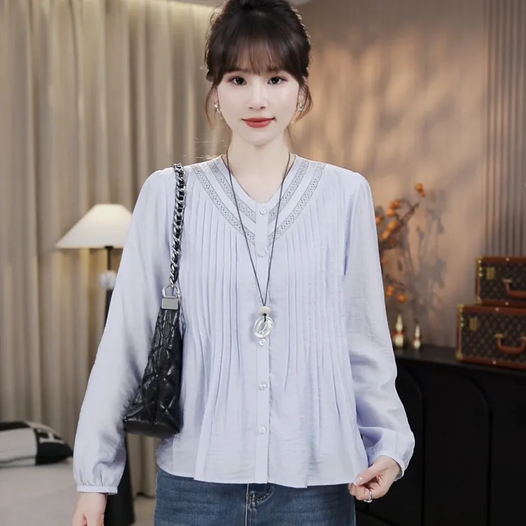 LMENY“心机风琴褶”莱赛尔V领花边拼接欧若风显瘦小衫25CC007