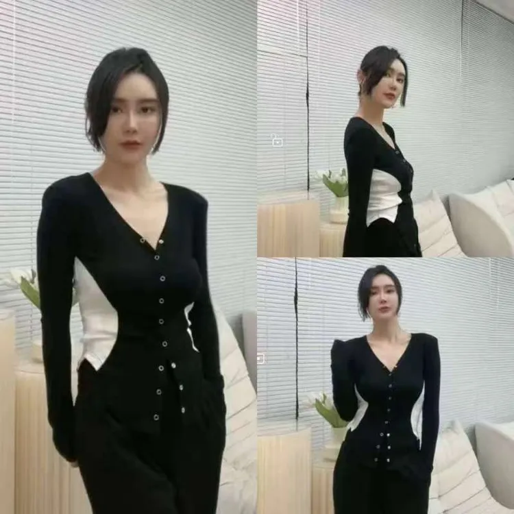 2025年早秋新款V领收腰高弹显瘦上衣079