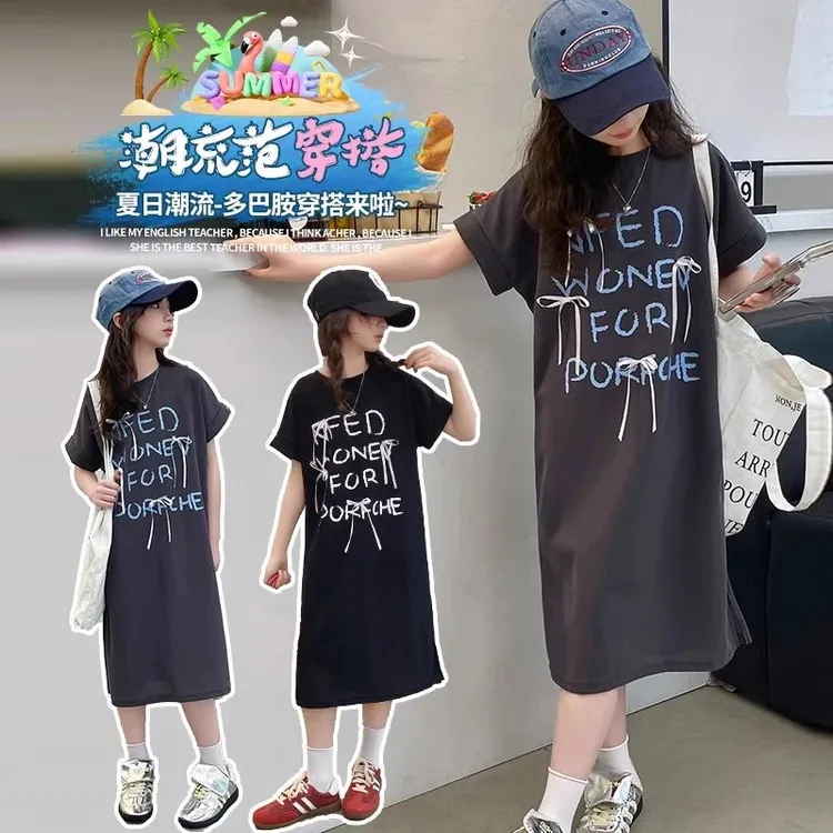 女童T恤裙夏装休闲女大童短袖连衣裙中长款韩版时髦儿童夏季裙子