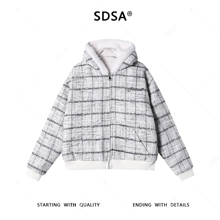 SDSA秋冬新款痞帅男装简约撞色格纹刺绣字母拉链连帽棉服重工百搭