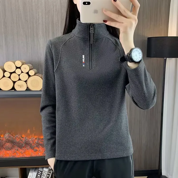 秋冬新款德绒打底衫女式长袖弹力保暖立领户外运动徙步套头抓绒衣