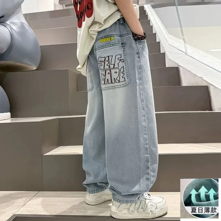 夏季薄款男童牛仔裤大童宽松水洗柔软舒适透气简单大方男孩防蚊裤