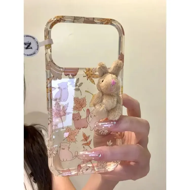 秋日满屏枫叶猫咪毛绒小兔适用iphone17promax苹果15手机壳14新款
