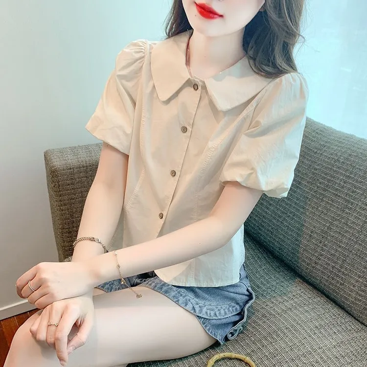 设计感衬衫女2025夏季薄款休闲娃娃领短袖宽松短款上衣女