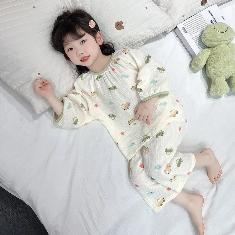 女童睡衣夏季薄款纯棉长袖女孩宝宝夏天棉纱空调服儿童夏款家居服