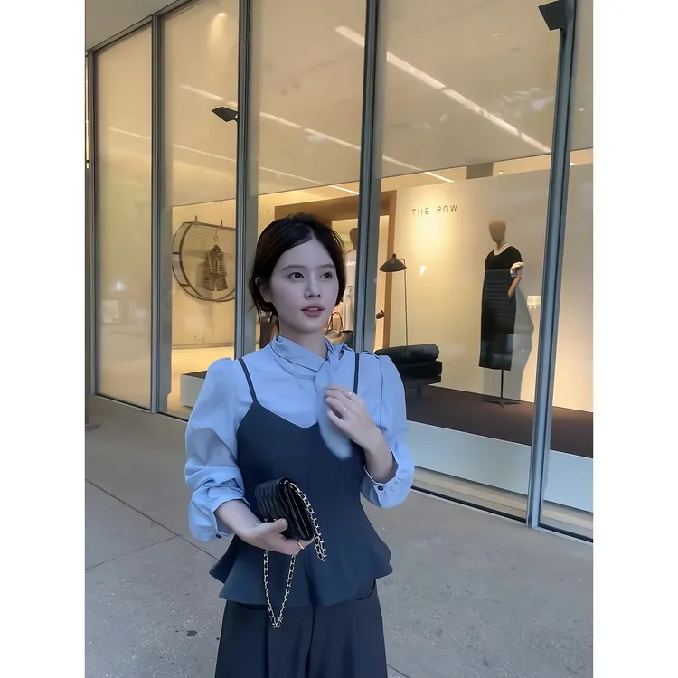 秋季韩系荷叶边吊带上衣气质系带蝴蝶结衬衫两件套直筒西装阔腿裤