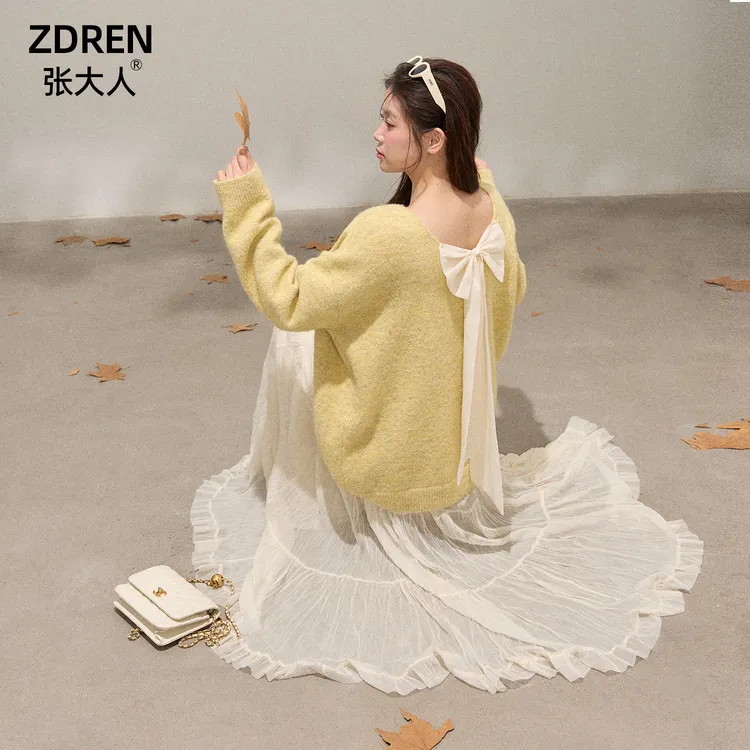 张大人【苏黎冬日】大码女装微胖妹妹氛围感蝴蝶结毛衣搭纱裙套装