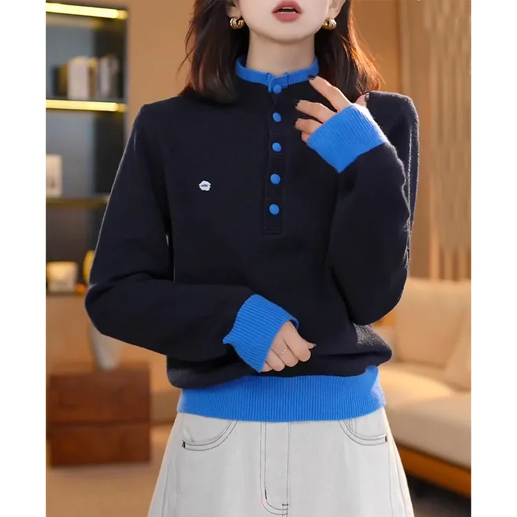 霖优【岚克】保暖显白秋冬新款撞色假两件设计款绒感老钱风针织衫女