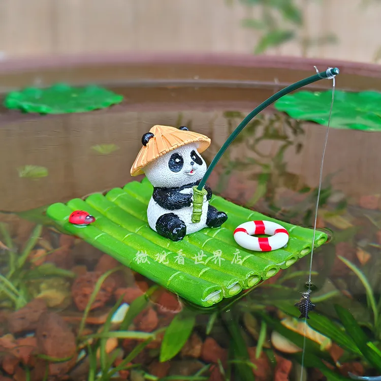 可漂浮竹筏大熊猫钓鱼垂钓悬浮小摆件鱼缸鱼池庭院diy造景装饰品