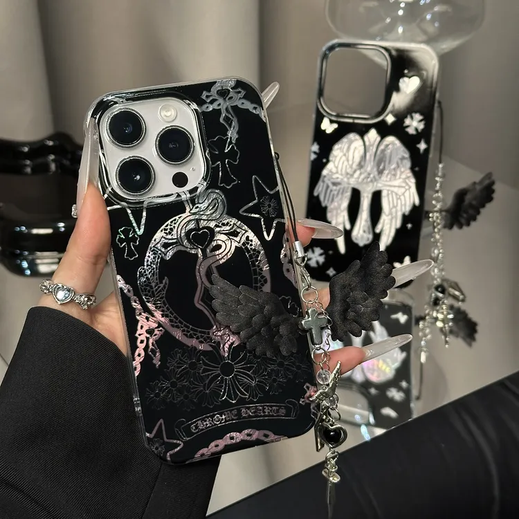 雅天立暗黑克罗心翅膀适用苹果16手机壳iPhone13华为vivo小米oppo