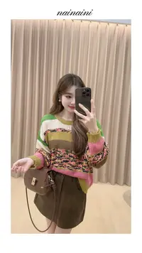 奈奈妮【桃花依旧】拼色针织毛衣女2025小个子秋季时尚百搭9045