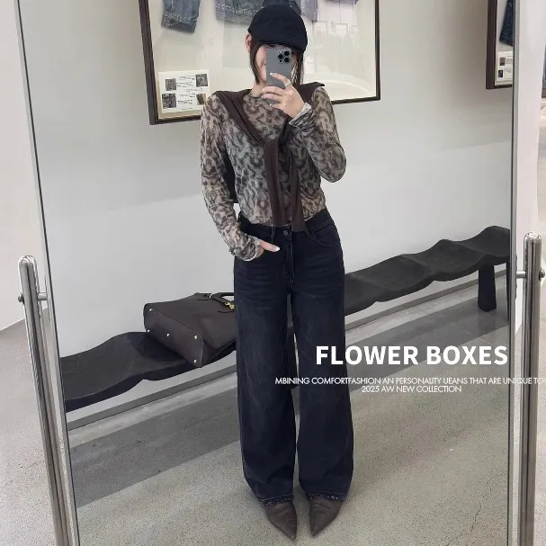 FLOWER花匣子牛仔裤女2025冬季加绒67919黑色显瘦窄版直筒阔腿裤