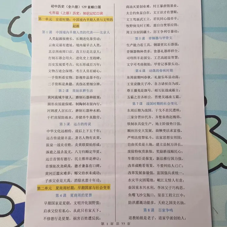 2025年秋季新版初中历史：129个顺口溜知识归纳七年级上-九年级下