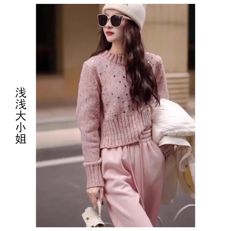 秋冬温柔风穿搭一整套女2025新款软糯亮片毛衣搭显瘦休闲裤两件套