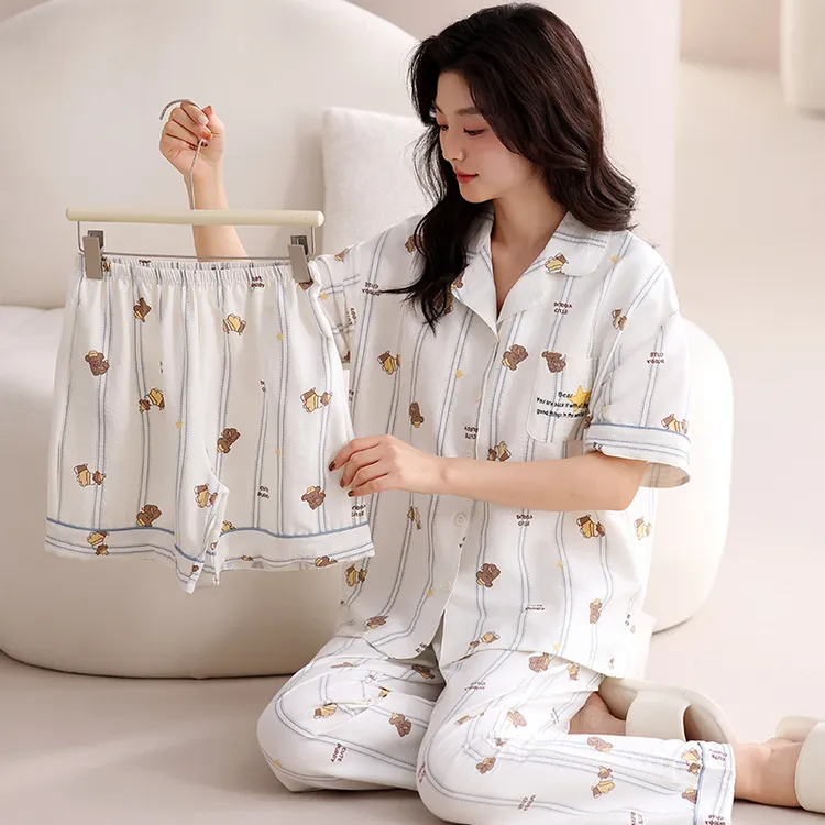 清新条纹小熊睡衣纯棉甜美家居服三件套带胸垫宽松可外穿居家服