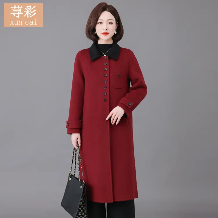 中年妈妈纯羊毛双面呢大衣2025秋冬新款撞色单排扣中长款加厚外套