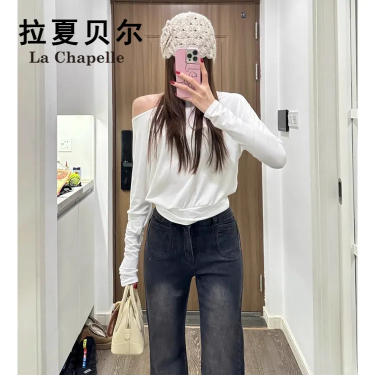 拉夏贝尔黑灰色加绒牛仔裤子女款爆款2025新款辣妹显瘦冬季喇叭裤