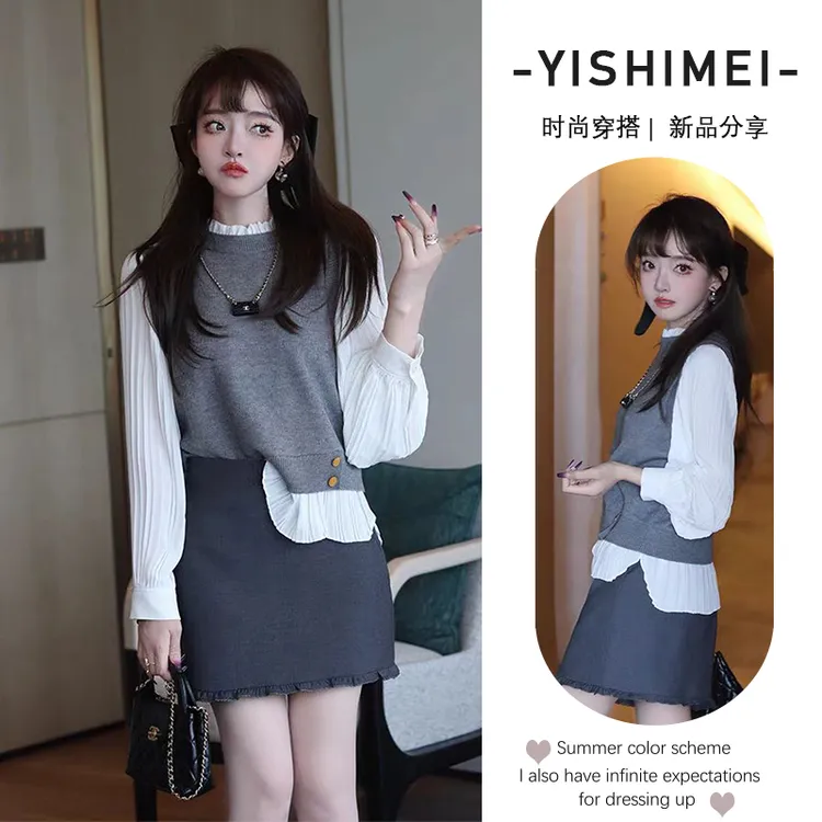 2025年开春穿搭一整套今年流行假两件木耳边长袖上衣短裙两件套装