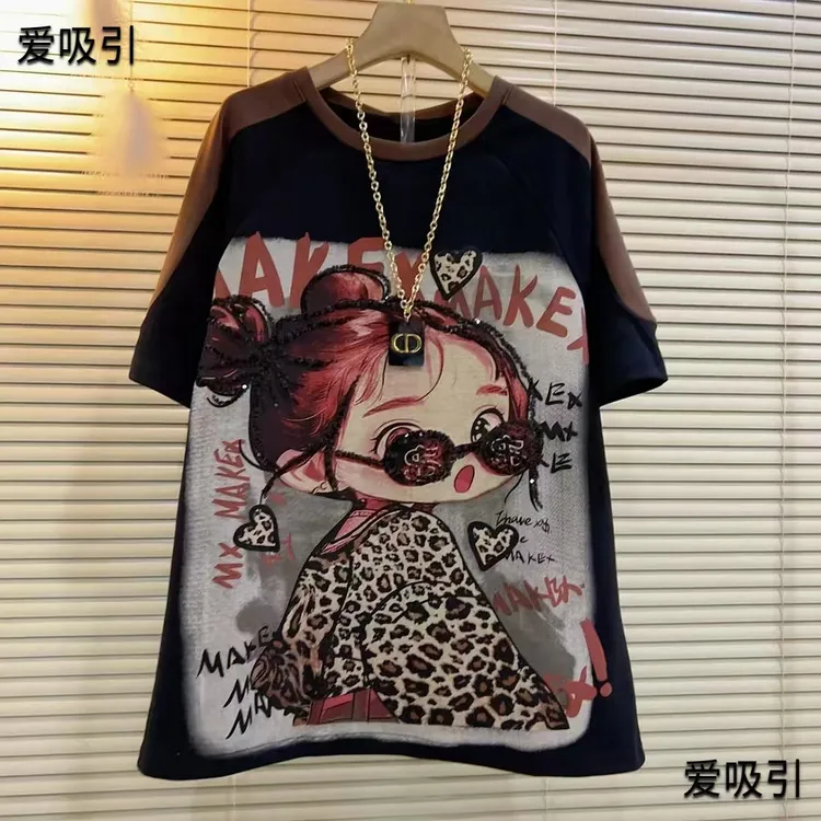 美女图案重工春季新款短袖t恤女显瘦胖妹妹胖mm宽松半袖上衣