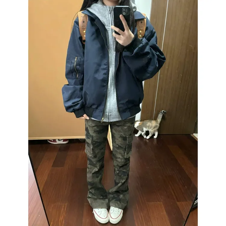 藏青色飞行员夹克男女秋季cleanfit短款外套高级感翻领棒球服