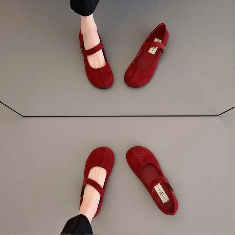 红色单鞋女2025年新款春季芭蕾舞鞋仙女风圆头轻便一脚蹬玛丽珍鞋