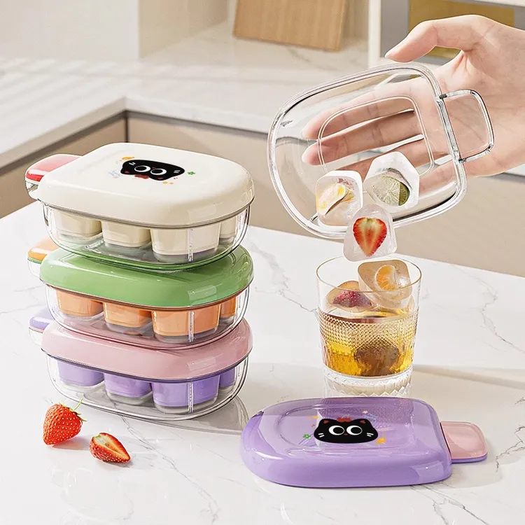 迷你小冰格模具波点猫带盖家用按压制冰盒制冰神器带盖冰块模具