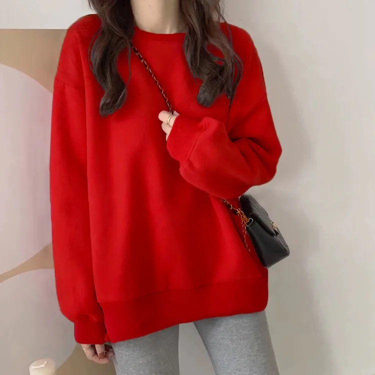 加绒红色卫衣女秋冬款宽松新款圆领显瘦上衣大码马年本命年上衣服