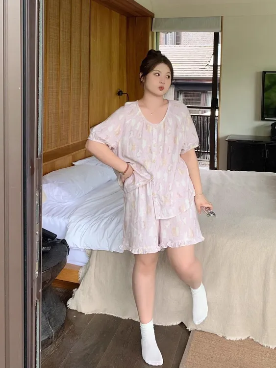 胖mm特大码200-300斤新款可爱风睡衣女宽松短袖开衫家居服2-300斤