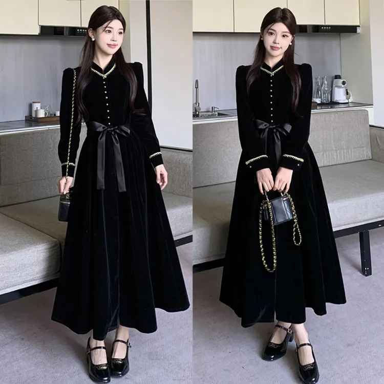 大码胖mm女装秋冬法式赫本风黑色长裙收腰显瘦气质丝绒连衣裙女