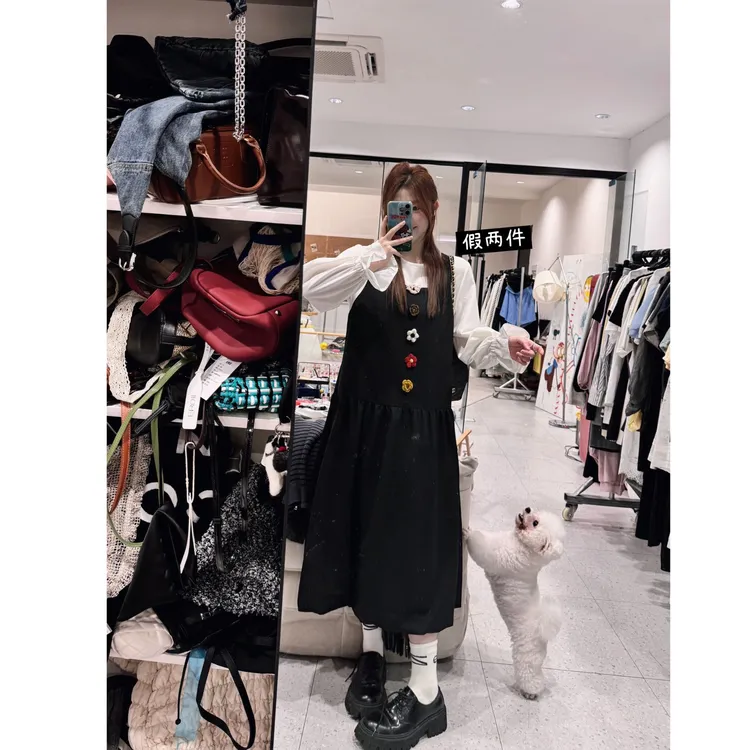 晶咕【好事‘花’生】假两件圆领衬衫拼方领背心连衣裙