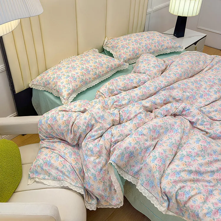 法式花边皱皱纱四件套镂空田园风碎花被套柔软宿舍床单夏季三件套