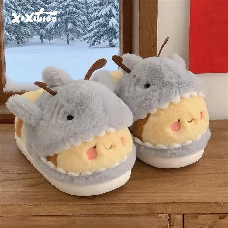 细细条 居家防滑创意趣味鲨帽蜜蜂毛毛鞋情侣冬季包跟棉拖鞋男女