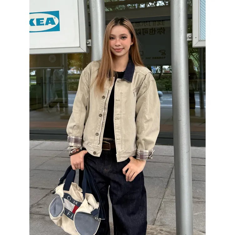 YZBZ美式复古男女拼接工装夹克外套短宽街头个性翻领上衣