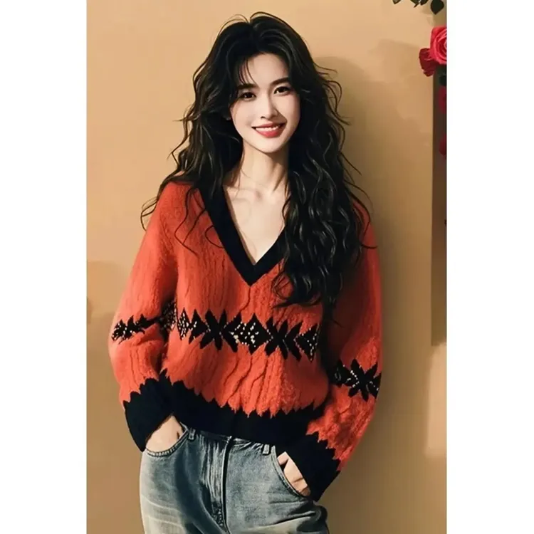 慵懒感小众毛衣女装针织衫春秋装新款高级上衣软糯拼色打底衫宽松