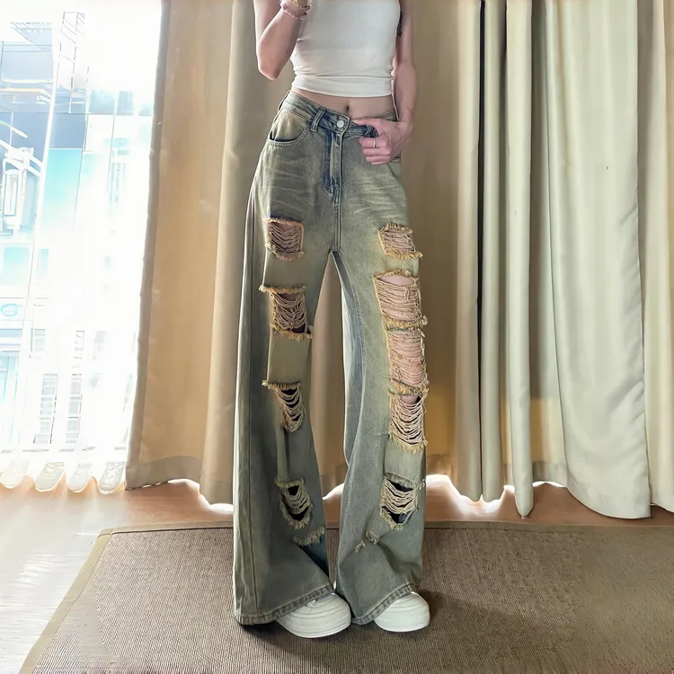 小个子美式复古做旧破洞微喇牛仔裤女秋季高腰宽松显瘦时尚阔腿裤
