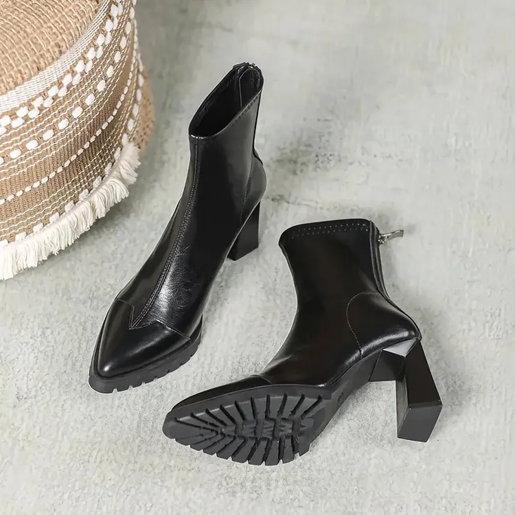 赵露思同款棕色美拉德真皮增高厚底防水台粗跟尖头短靴瘦瘦靴