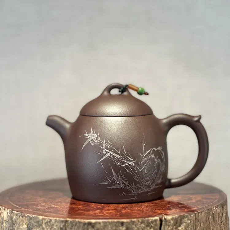 秦权——紫茄泥150cc（郭云飞手制、揽石刻绘）全手工制作原矿紫砂壶