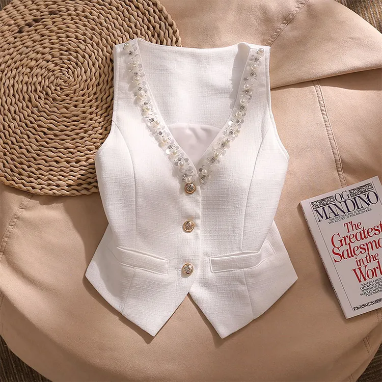 轻奢名媛西装钉珠排扣背心马甲女夏洋气小众V领别致气质上衣