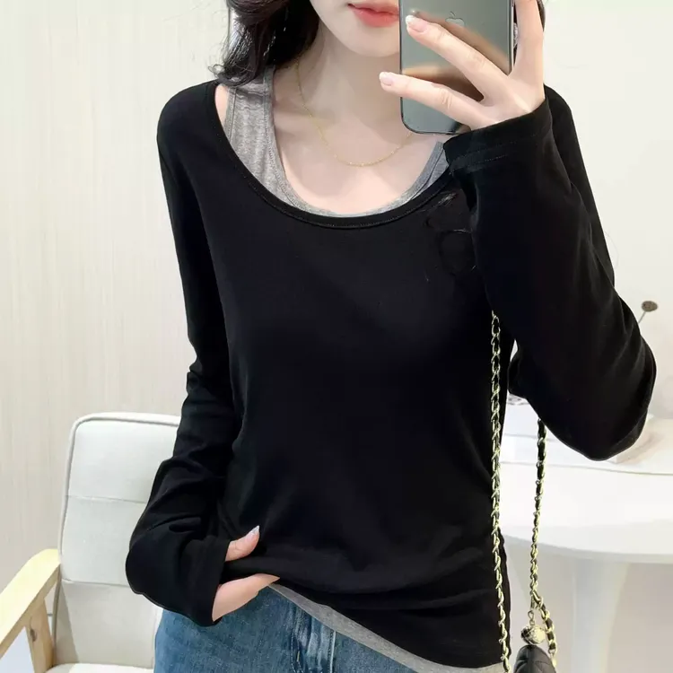 设计感假两件T恤女秋冬韩系穿搭露肩独特别致长袖打底衫显瘦上衣