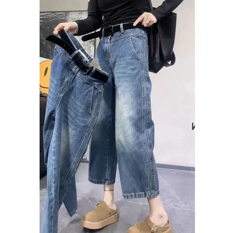 梨形身材显阔腿牛仔裤高腰女春季胖MM大码修身直筒烟管裤八分裤