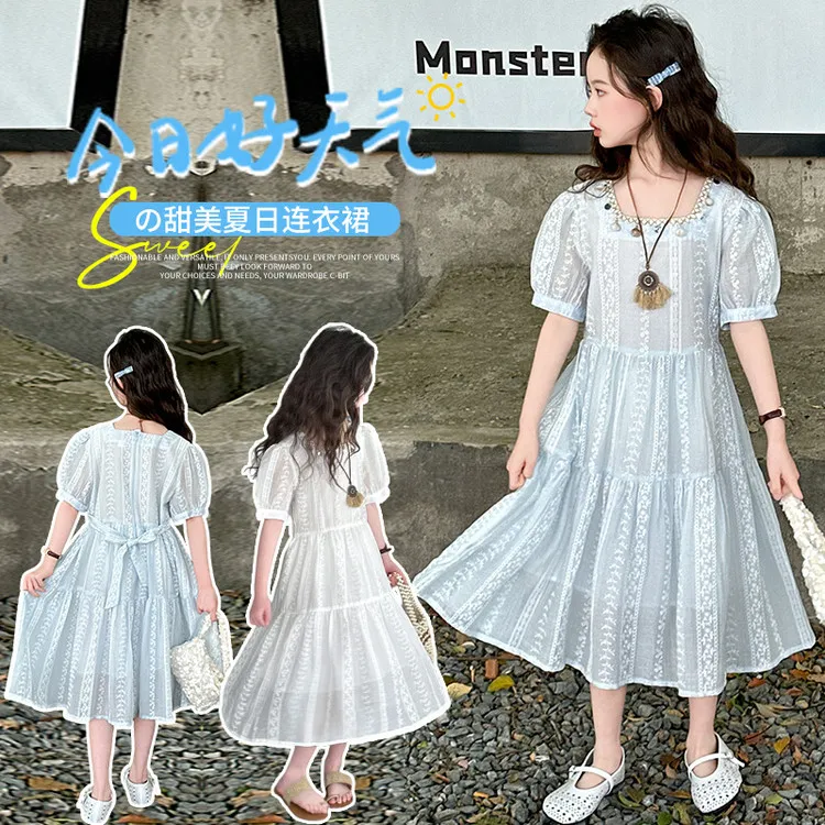 新款夏季甜美公主裙女童连衣裙百度假风米色浅色裙子