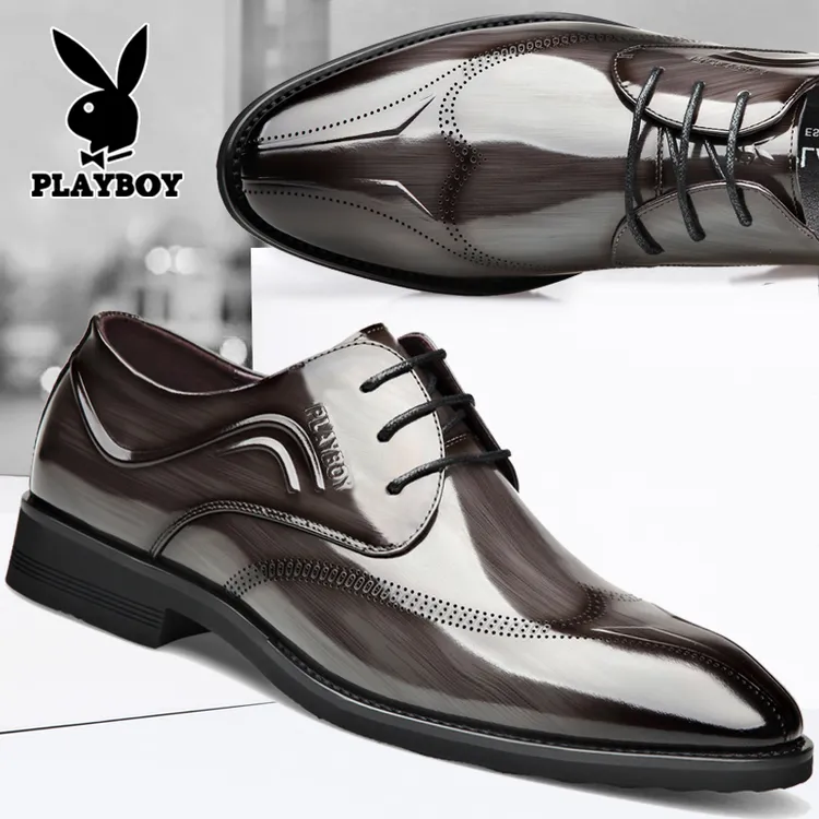 花花公子男士皮鞋真皮商务正装内增高尖头漆皮结婚新郎鞋大码冬季