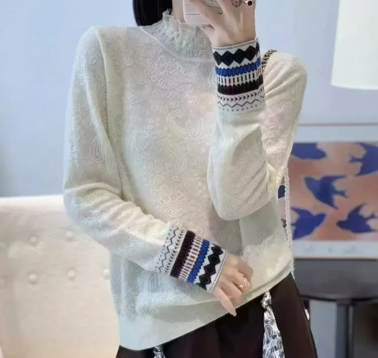 蕾丝花边领复古提花长袖针织衫浮雕绵羊毛打底衫百搭套头上衣潮