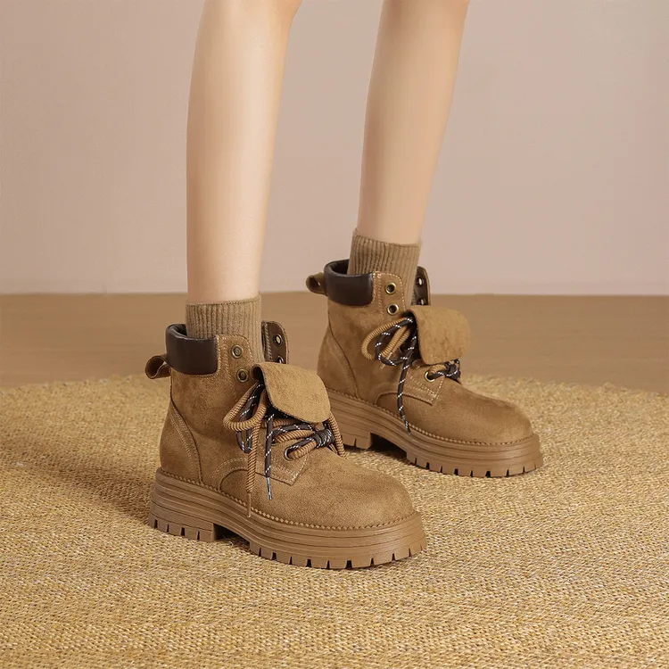 华耐翻盖大黄靴女2025秋冬新款英伦风百搭工装短靴户外休闲马丁靴