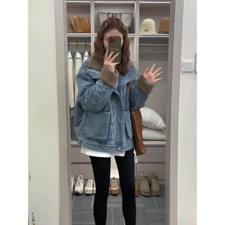 蓝色加厚皮毛一体牛仔短外套女冬季新款时尚百搭宽松高级感休闲风