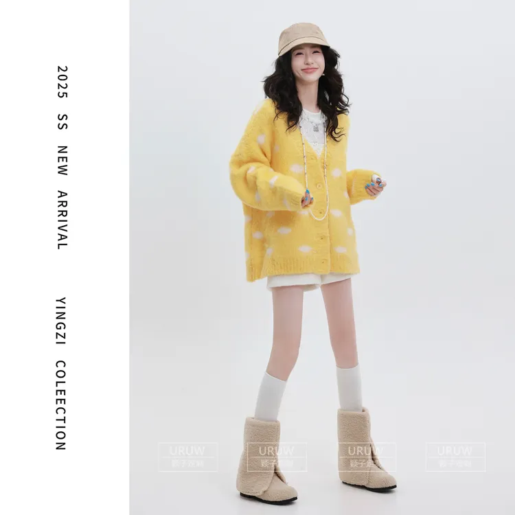 颖子定制【香槟落日】冬季休闲时尚波点毛衣开衫宽松软糯毛衣2110