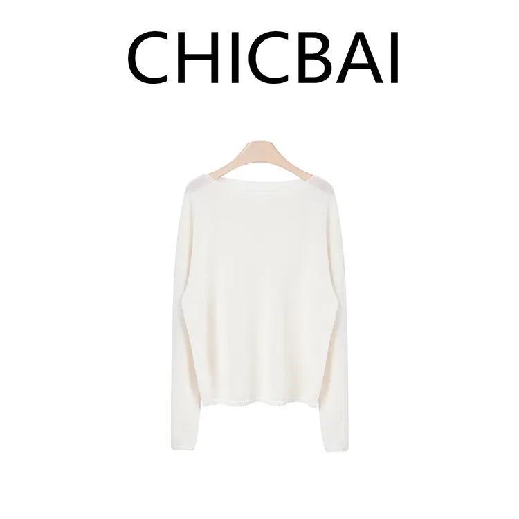 CHICBAI 清透感棉混纺落肩一字船领针织自在衫