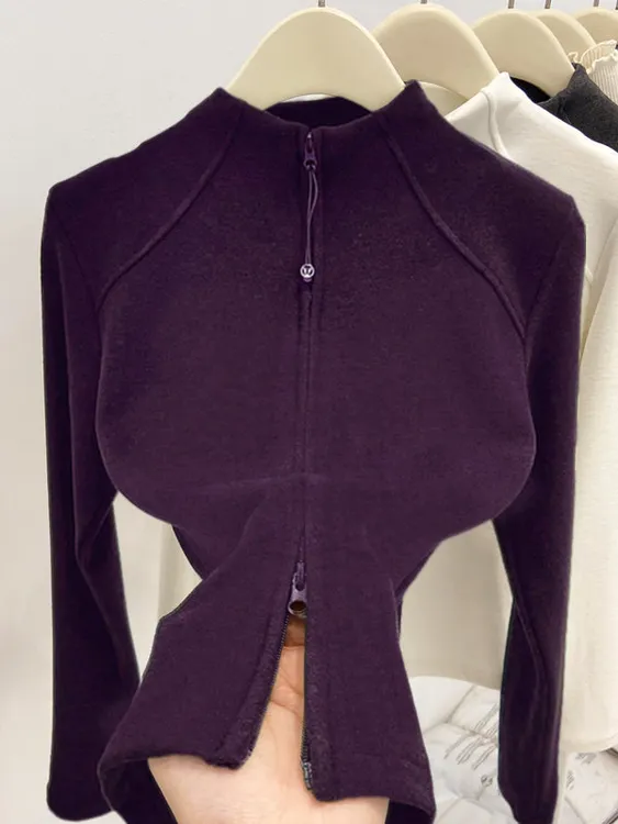 立领拉链秋冬女德绒保暖卫衣上衣鱼骨长袖半高领修身显瘦锁温打底